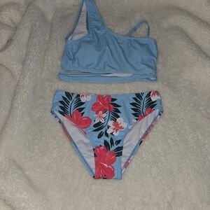 Blue and Pink Bikini Set with Floral Pattern